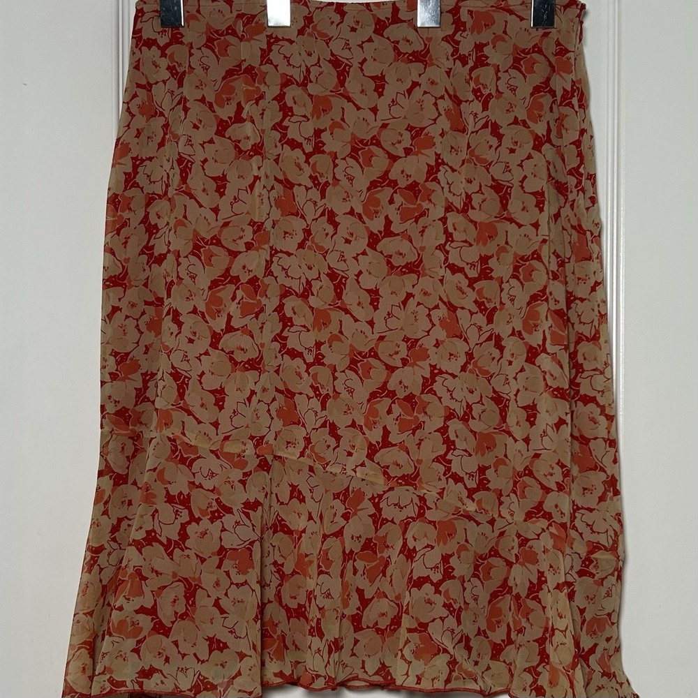I.N.C. International Concepts 100% Silk Orange Pink Floral Print A-Line Skirt